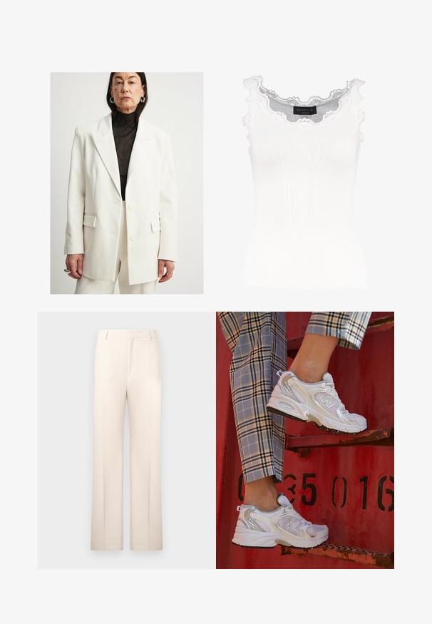 Bela oversized blazer z izrezanimi klapami, dvema gumboma in dvema sprednjima žepoma, položen preko črnega teksturiranega zgornjega dela. Minimalističen dizajn.; Bela rebrasta majica bez rukava z čipkastim obodom na izrezu in rokavih. Ima mehko teksturo in prilegajočo obliko. Znamka vidna znotraj.; Bež hlače na mere s ravnimi nogavicami, izdelane iz lahkega materiala. Imajo sprednje gube in klasičen pas.; Bele mrežne superge s srebrnimi detajli in teksturirano podplatom, postavljene na rdeči površini, v kombinaciji s karirastimi hlačami.