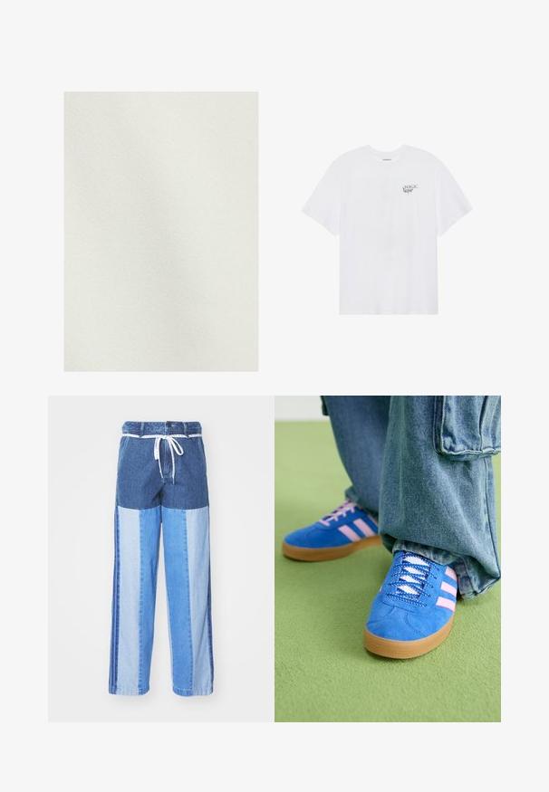 Heled beež kangas sujuva, tekstureeritud pinnaga. Ühtlane värv ilma nähtavate mustrite või aktsentideta.; Even&Odd Trükipildiga T-särk - white; Sinised teksapüksid, millel on erinevatest sinistest toonidest kokku õmmeldud mustriga, paelavöö ja laiad, sirged sääred.; Sinised sametkingad roosade triipudega ja valgete paeltega, millel on kummist tallad, kombineeritud laia teksapükstega rohelisel pinnal.