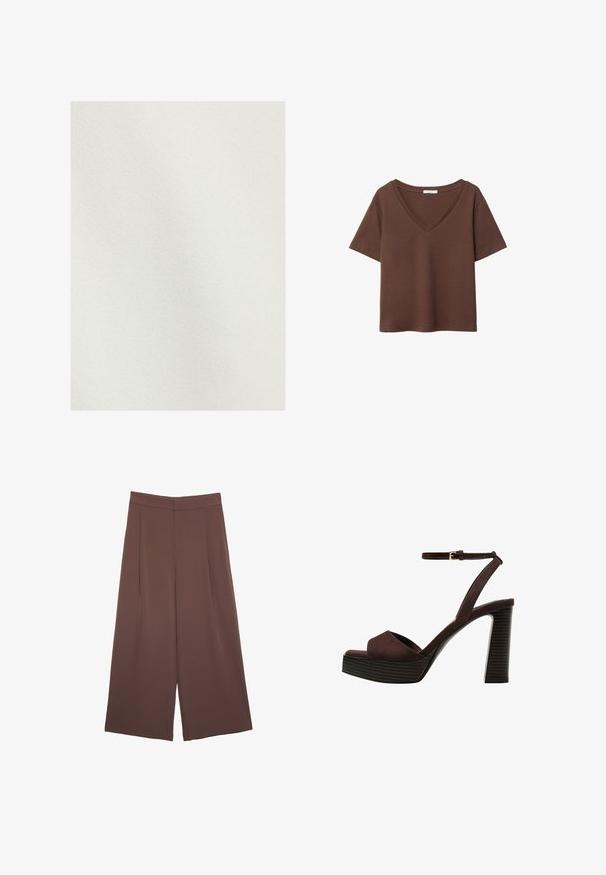 Lys beige stof med en glat, struktureret overflade. Ensartet farve uden synlige mønstre eller accenter.; Brun bomulds t-shirt med korte ærmer og dyb V-hals. Enkel design, blød tekstur og lige kant. Ingen mønstre eller detaljer.; Brune bredbunde bukser med en glat tekstur, der har høj talje og plisseringer foran. Stoffet er let og falder løst.; Brune ruskinds højhælede sandal med åben tå, justerbar ankelrem og en stribet plade sål.