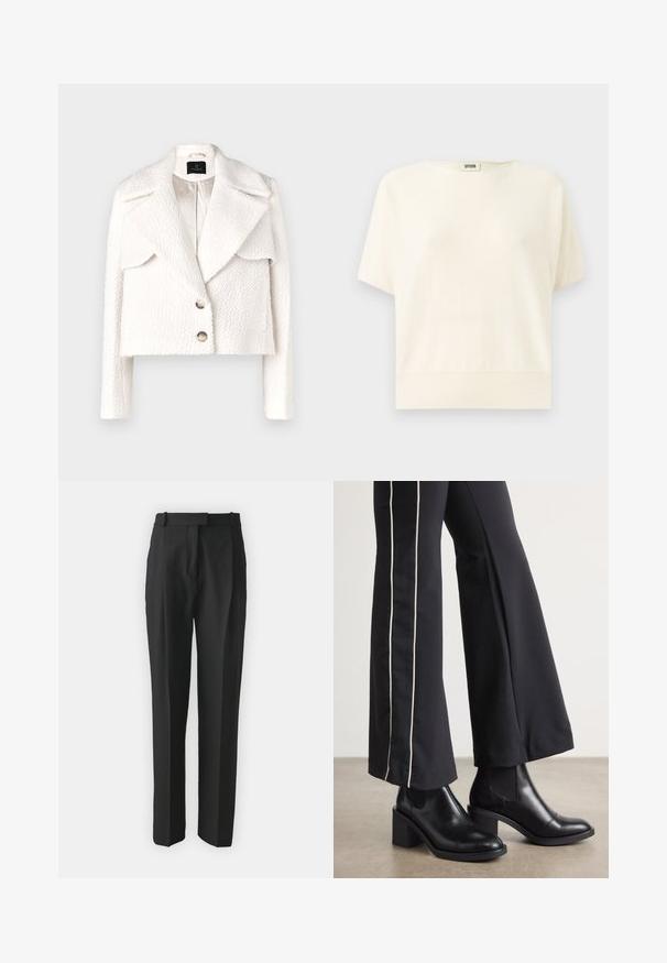 Bruuns Bazaar GAZANIABBNOVIS JACKET - Zimná bunda - white cream; Krémový top s krátkym rukávom, uvoľnený strih, rebrovaný lem a zaoblený výstrih; vyrobený z jemného, ľahkého materiálu.; Čierne nohavice na mieru vyrobené z ľahkej tkaniny, so strmým strihom, plochým predným dielom a pútkami na opasok. Hladká textúra bez viditeľných vzorov.; Čierne kožené členkové topánky s blokovým podpätkom, vybavené elastickými bočnými panelmi. Skombinované s čiernymi nohavicami, ktoré majú biely bočný pruh.