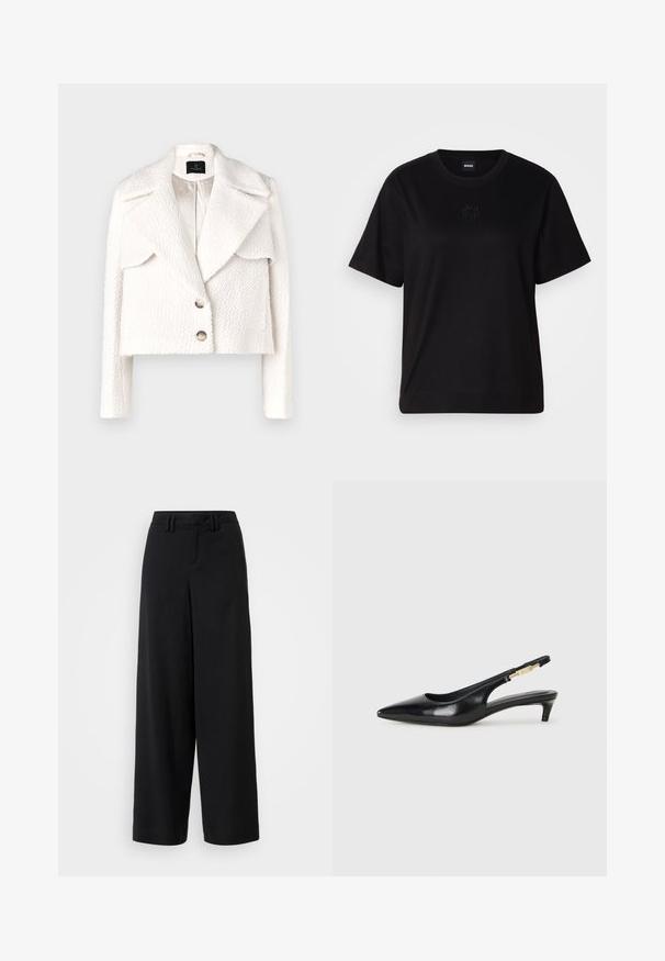 Bruuns Bazaar GAZANIABBNOVIS JACKET - Vinterjakke - white cream; Svart bomull T-skjorte med rund hals, korte ermer og et brodert logo på brystet. Enkel, avslappet passform uten mønstre.; Sorte brede bukser laget av glatt stoff, med flat frontdesign, plisserte detaljer og beltehemper i midjen.; Sorte lærreim hæler med spiss tå, som har en slank hæl og en gullfarget detalj på den justerbare stroppen. Glatt tekstur.