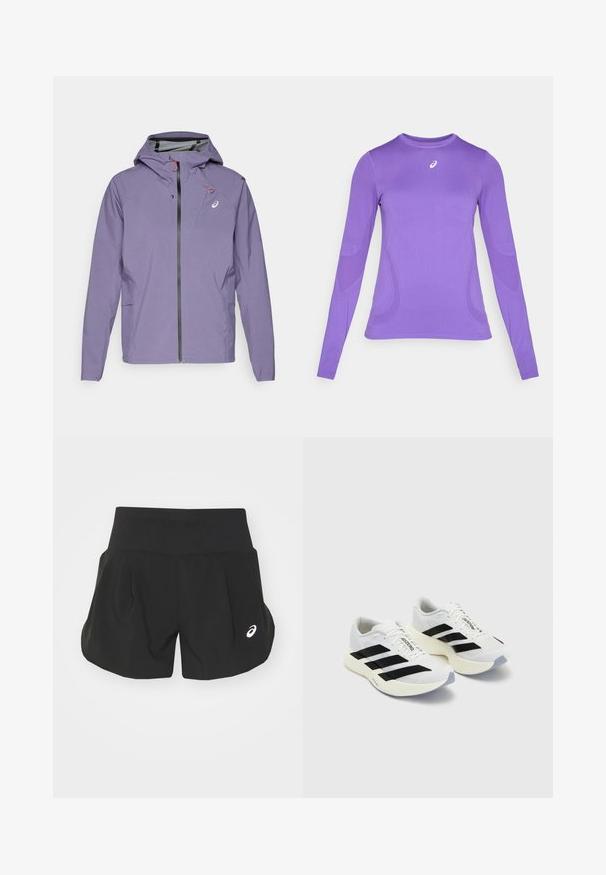 Lilla letvægtsjakke med hætte, frontlynlås og sidelommer. Har røde detaljer og et logo på brystet. Glat tekstur.; Langærmet træningstrøje i lyse lilla stof, med en tætsiddende pasform, rund hals og subtil struktur med logo detaljer på brystet.; Sorte atletiske shorts med en bred talje, plisseret design og et lille hvidt logo på nederste venstre side. Blødt, let materiale.; Hvide sportsko med sorte striber og branding, med en mesh-overdel, afrundet tå og tyk cremefarvet sål til polstring.
