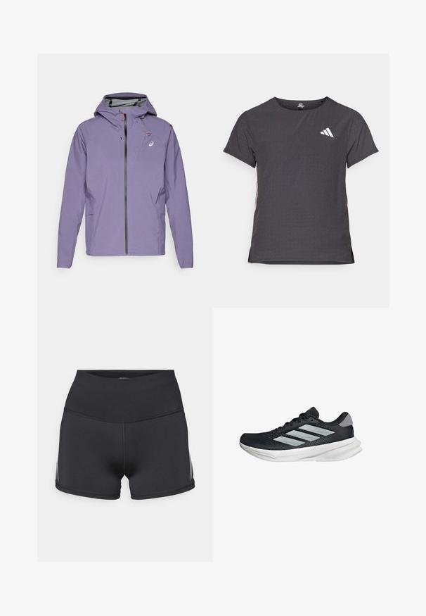 Vihreä kevyt takki hupulla, etuvetoketjulla ja sivutaskuilla. Koristeltu punaisilla yksityiskohdilla ja logolla rinnassa. Sileä pinta.; Lyhythihainen urheilupaita, tummanharmaa, jossa on reikäkudot. Ominaisuuksina valkoinen logo ja kontrastiväriset sivusuunnat. Pyöreä pääntie.; Musta, korkeavyötäröinen urheilushortsit joustavasta kankaasta. Varustettu valkoisilla sivuraidoilla ja tasosaumoilla mukavuutta varten.; Musta juoksukenkä, jossa on verkko-osa ylhäällä, kolme hopeista raitaa, valkoinen välipohja ja teksturoitu pohja. Varustettu pehmustetulla nilkkaremmeillä ja nauhakiinnityksellä.
