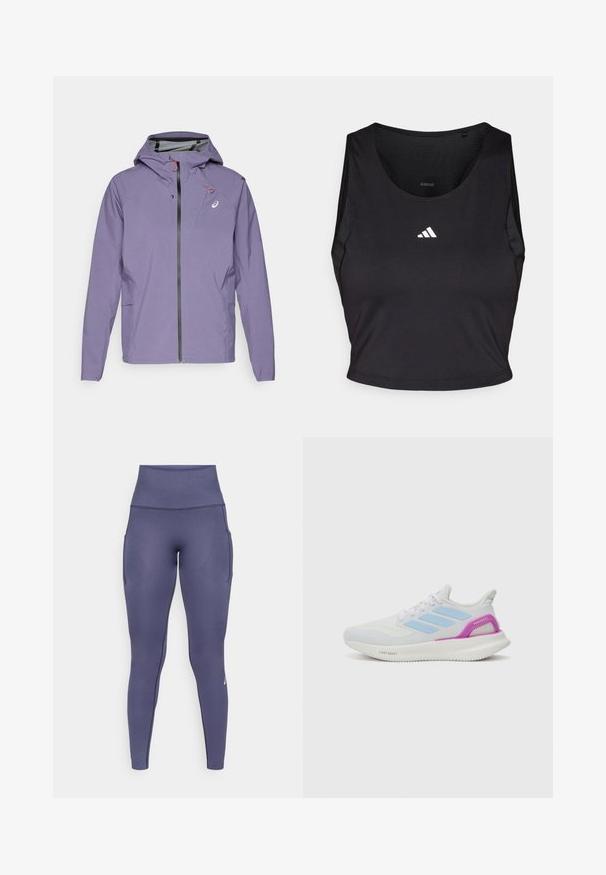 Jacket leve em roxo com capuz, fecho frontal e bolsos laterais. Apresenta realces vermelhos e um logótipo no peito. Textura suave.; Top desportivo preto, feito de tecido que absorve a humidade, com decote redondo, design sem mangas e logotipo branco no peito.; Leggings desportivos de cintura alta, sem costuras, na cor azul marinho, com bolsos laterais e um padrão texturizado subtil, projetados para roupa de desporto.; adidas Performance PUREBOOST 5 - Sapatos para corrida em estrada - white/glow blue/purple burst