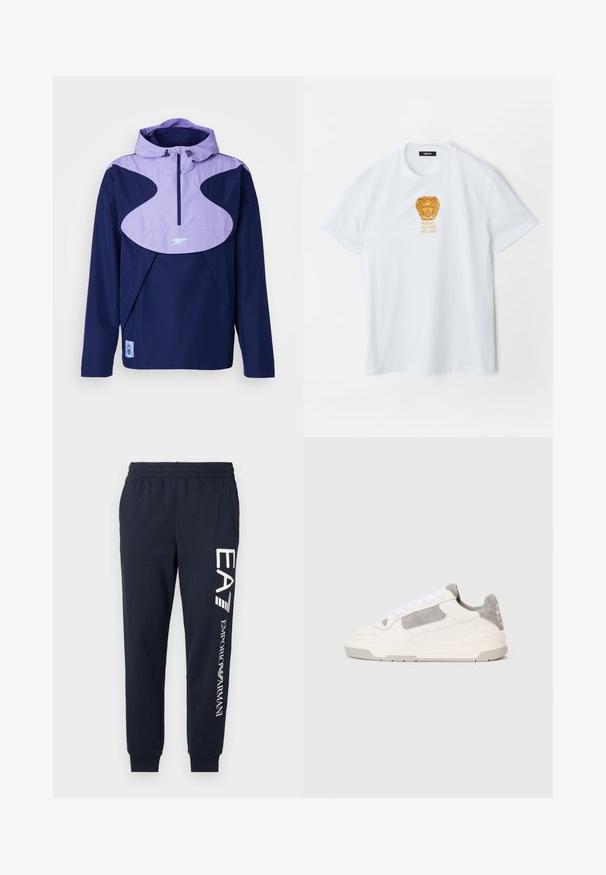 adidas Performance ARSENAL LONDON SZN HALFZIP WINDBREAKER - Squadra - night sky; T-shirt bianco a maniche corte con logo della testa di Medusa dorata e testo "Versace Est. 1978 Milano" centrato sul petto.; Pantaloni jogger in cotone blu navy con vita elasticizzata, gambe affusolate e loghi EA7 ed Emporio Armani bianchi contrastanti stampati lungo il lato.; Sneaker bassa bianca e grigia chiara con lacci bianchi e dettagli in suede, mostrata di lato su uno sfondo chiaro e semplice.