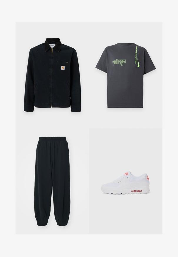 Black jacket with a corduroy collar, front zip closure, and a chest pocket. Features a Carhartt logo patch on the left side.; Dark gray cotton t-shirt featuring a green pixelated "nike" logo and text, with a prominent green swoosh accent on the side.; Black, elasticated-waist sweatpants with a loose fit, cuffed ankles, smooth texture, and no visible patterns or hardware accents.; White athletic sneaker featuring a smooth upper, lace closure, cushioned sole, and a visible air unit with red accents on the branding.