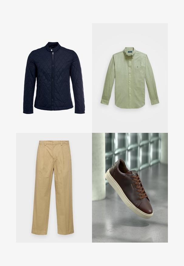 Casaco acolchoado azul-marinho com gola elevada, fecho de correr à frente e dois bolsos laterais. O material tem uma textura suave com padrões de diamante.; Camisa de botão de manga longa verde-claro, com colarinho pontudo, um pequeno logótipo bordado no peito e botões de pérola.; Calças de algodão bege com um design de perna reta, apresentando pregas frontais e bolsos laterais. O tecido tem uma textura suave e macia.; Sapatilhas de couro castanho com bico arredondado, atacadores castanhos e sola em borracha bege. Apresenta uma marcação mínima de marca lateral.