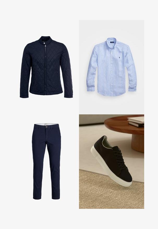 Giacca trapuntata blu navy con colletto alto, zip frontale completa e due tasche laterali. Il materiale ha una texture liscia con motivi a rombi.; Camicia a maniche lunghe a righe bianche e blu in cotone, con colletto button-down, bottoni frontali e un piccolo logo ricamato sul petto.; Chinos in cotone blu navy con una texture liscia, design a gamba dritta e chiusura con un solo bottone anteriore. Presenta passanti per cintura e tasche laterali.; Sneaker nero con suola bianca che flotta sopra un tappeto beige testurizzato vicino a un tavolo rotondo in legno con libri impilati.