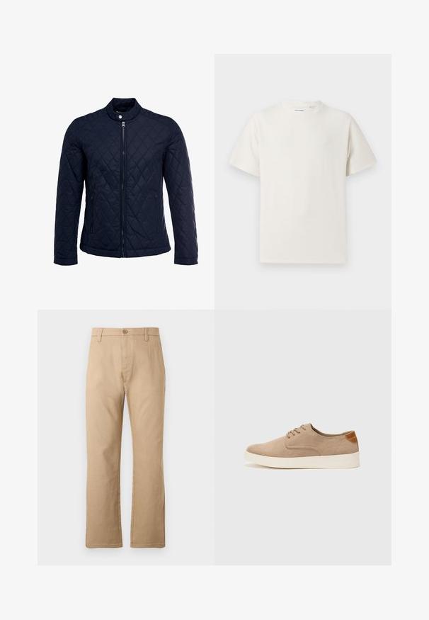Námorníkovo prešívané sako s vysokým golierom, plným predným zipsom a dvoma bočnými vreckami. Materiál má hladkú textúru s diamantom vzorom.; Biela krátka tričko s krátkym rukávom so žebrovanou textúrou. Okrúhly výstrih, uvoľnený strih, žiadne viditeľné vzory ani akcenty. Jednoduchý a všestranný dizajn.; Krémové rovné nohavice vyrobené z bavlneného zmesi. Obsahujú zapínanie na gombík na prednej strane a dve bočné vrecká s hladkou textúrou.; Béžové semišové tenisky s okrúhlou špičkou, šnurovaním vpredu a textúrovaným zadným akcentom. Biela gumová podrážka poskytuje kontrast. Jednoduchý a moderný dizajn.