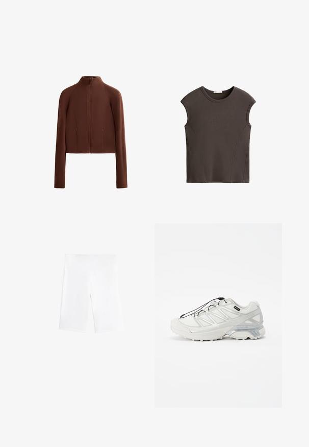 Barna, rövidített dzseki sima anyagból, magas nyakkal és hosszú ujjakkal. Cipzáras elülső zsebek növelik a funkcionalitást.; Sötétbarna ujjatlan felső bordázott anyagból, ívelt varrásokkal és kerek nyakkivágással. Simább textúrájú, minimális részletezéssel.; Fehér kerékpáros nadrágok rugalmas anyagból, elasztikus derékpánttal és sima, varrás nélküli kialakítással. Combközép hosszúságú.; Fehér sportcipő strukturált hálós felsőrésszel, fényvisszaverő részletekkel és párnázott talppal. Rugalmas fűzőkkel és szürke díszítéssel rendelkezik.