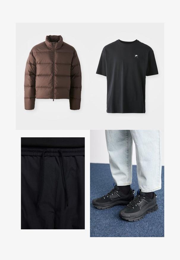 Brun puffjacka med hög krage och framzipper, som har horisontella kviltade sektioner och elastiska ärmslut för värme.; Svart bomullströja med korta ärmar, rundad halsringning, med en liten rektangulär logotyp med "NIKE AIR" i vitt på vänster bröst.; Svarta shorts med dragsko i midjan, lättviktig tyg med en slät yta och en enkel design utan synliga logotyper eller mönster.; Svarta sportskor med texturerat tyg och gummisulor, med elastiska snörningar och en blå detalj på hälen. Bärs med ljusa jeans.