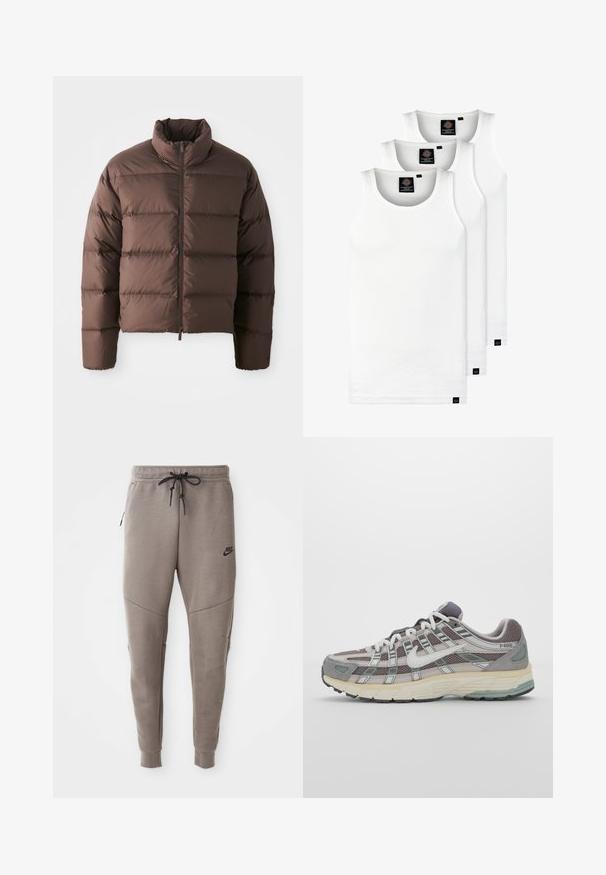 Barna pufferszövet dzseki magas gallérral és elülső cipzárral, vízszintes tűzött részekkel és elasztikus mandzsettákkal a melegség érdekében.; Három fehér csíkos pamut trikó. Felső része kerek nyakkivágású, és a szegély közelében kis fekete címkék találhatók. Több méretben elérhető.; Szürke Nike melegítőnadrág húzózsinórral a deréknál, keskeny lábakkal, oldalsó zsebekkel és jellegzetes varrás részletekkel. Puha, texturált anyag.; Szürke sportcipő, hálós és velúr felsőrésszel, fehér részletekkel, párnázott talppal és jellegzetes dizájnnal, amely visszaverő elemeket tartalmaz.