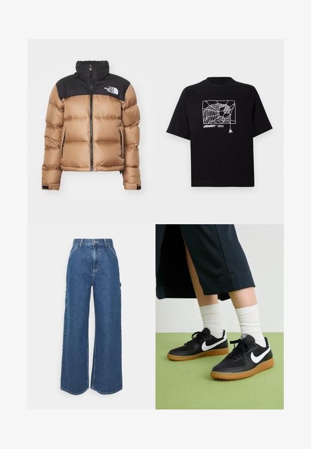 Giacca a vento con corpo marrone e parte superiore nera, dotata di zip frontale, colletto alto e logo sul petto; tessuto liscio, texture trapuntata.; Maglietta nera in cotone con maniche corte. Presenta una grafica e un logo a ragnatela bianca sul davanti. Scollo rotondo semplice.; Pantaloni in denim blu a gamba larga con vita alta, cuciture a contrasto e tasche laterali, caratterizzati da un classico design a cinque tasche e orli grezzi.; Sneaker in pelle nera e sintetica con logo Nike bianco, suola in gomma, punta rotonda e lacci neri. Calze bianche a righe visibili.