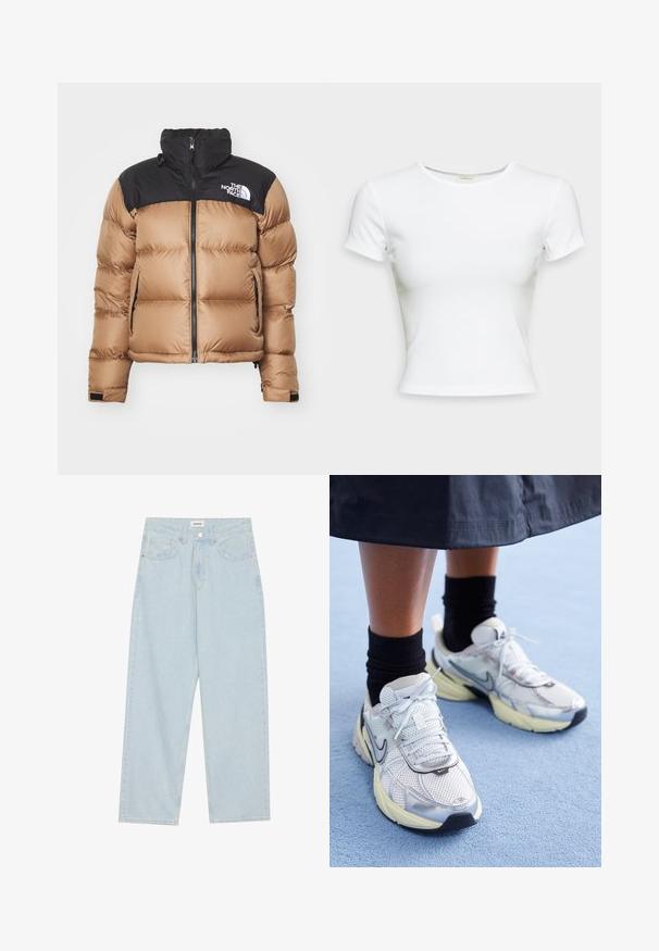 Kurtka puchowa z brązowym korpusem i czarną górą, z zamkiem z przodu, wysokim kołnierzem i logo na klatce piersiowej; gładki materiał, pikowane wykończenie.; Biała koszulka z krótkim rękawem, wykonana z gładkiego bawełnianego materiału. Posiada prosty okrągły dekolt i dopasowany krój. Bez wzorów ani akcentów.; Jasnoniebieskie dżinsy o szerokich nogawkach, wykonane z denimu, z średnim stanem, pięcioma kieszeniami oraz zapięciem na guzik z wąskim metalowym akcentem.; Białe i srebrne sneakersy Nike z siateczkowym materiałem, odblaskowymi akcentami i beżową podeszwą. Noszone z czarnymi skarpetkami, stojące na niebieskiej powierzchni.