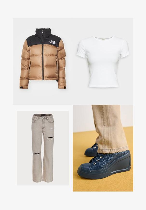 Barna testű, fekete felsőrésszel rendelkező puffertakaró dzseki, zipzáras elülső részzel, magas gallérral és mellkasi logóval; sima anyag, steppelt textúra.; Fehér, rövid ujjú póló sima pamut anyagból. Egyszerű, kerek nyakú szabása és testhez simuló fazonja van. Nincsenek minták vagy díszítések.; Világosszürke, laza fazonú farmernadrág, amely kopott részletekkel és térdnél szakadt anyaggal rendelkezik. Öt zseb és övcsat kerületek találhatók rajta.; Tengerészeti magassarkú cipők, melyek texturált krokodilmintázatú anyagból készültek, arany fűzőlyukakkal és gumi orrbetéttel, bézs szövetnadrággal párosítva.