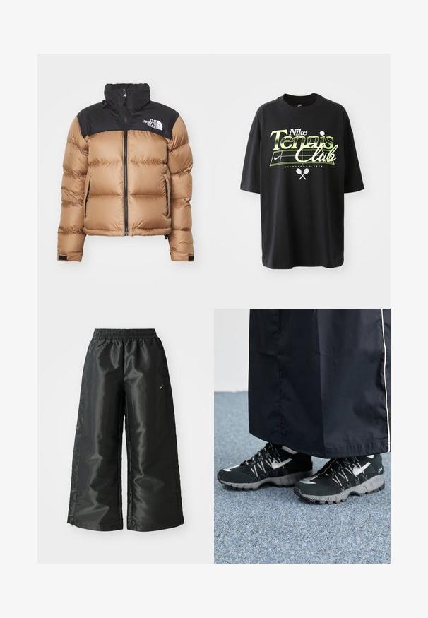 Pūdera jaka ar brūnu ķermeni un melnu augšējo daļu, ar rāvējslēdzēju priekšā, augstu apkakli un logo uz krūtīm; gluda auduma, ar quilted faktūru.; Melna kokvilnas T-krekls ar īsām piedurknēm, izceļoties ar zaļo un baltās "Nike Tennis Club" grafiku, tenisa bumbu un raketi attēliem.; Melnas sporta bikses ar spīdīgu, gludu audumu, aprīkotas ar elastīgu jostu, platām kājām un mazu logotipu kreisajā pusē.; Melnas sporta kurpes ar teksturētu augšdaļu, sudraba akcentiem un zīmējuma zoli, apvienotas ar melnu garu apģērbu. Fons ir zils paklājs.