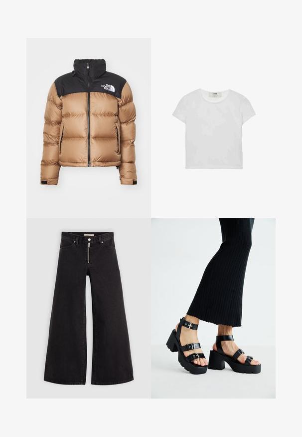 Pufasta jakna s smešanim tijelom u smešnim tonovima i crnim gornjim dijelom, s patentnim zatvaračem sprijeda, visokim ovratnikom i logom na prsima; glatka tkanina, kviltani uzorak.; Bijela majica kratkih rukava s okruglim izrezom, izrađena od mekanog pamuka, s jednostavnim, čistim dizajnom bez vidljivih uzoraka ili akcenta.; Široke traperice od crnog denima s prednjim zatvaračem, dizajnom s pet džepova i suptilnim detaljima šivanja. Glatka tekstura i ležeran stil.; Crne platforme sandale s debelim, nazubljenim potplatima i višestrukim trakama, s metalnim kopčama i glatkom teksturom koja podsjeća na kožu.
