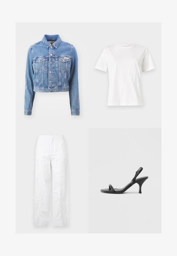 Kratā gaismas zila džinsu jaka. Īpašības ietver iztaisnotu apkakli, garas piedurknes, pogu priekšu, divas krūšu kabatas un metāla pogas.; Baltas kokvilnas T-krekls ar īsām piedurknēm, apaļu kakla izgriezumu un brīvu piegriezumu. Gluda tekstūra, bez rakstiem vai akcentiem, minimālistisks dizains.; Baltas, plaša kāju bikses, izgatavotas no viegla auduma, ar gludu tekstūru, tīrām līnijām un augstu jostasvietu.; Melnas ādas augstpapēžu sandales ar plānu, izliekta formas papēdi un krustenisku siksnu dizainu. Regulējama potītes siksna. Gluda tekstūra.