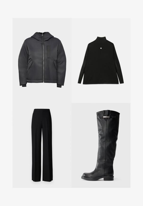 Black insulated jacket with a zip front, detachable hood, side pockets, and textured patch on the chest. Smooth, matte finish.; Black turtleneck sweater with long sleeves, featuring a small white heart emblem on the chest. Soft fabric and relaxed fit.; Black wide-leg trousers with a smooth texture, featuring a high waistband and center pleats. No visible patterns or hardware details.; Knee-high black leather boots with a smooth texture, a rounded toe, and a low block heel. Features a silver accent on the upper side.