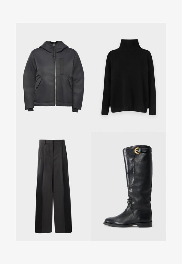 Sort isoleret jakke med lynlås foran, aftagelig hætte, sidelommer og tekstureret lap på brystet. Glat, mat overflade.; Sort strikket sweater med høj ribstrikket krave, sænkede skuldre og en afslappet pasform. Har ribstrikkede manchetter og kant for struktur.; Sort brede bukser med høj talje, med folder foran, en glat tekstur og en skræddermæssig finish. Designet til en afslappet pasform.; Sort læder knæhøj støvle med rund tå, snørebånd foran, sidelænde detaljer og en guld spændeaccents øverst. Glat tekstur.