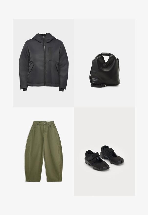 Geacă izolată neagră cu fermoar în față, glugă detașabilă, buzunare laterale și un ecuson texturat pe piept. Finisaj neted, mat.; Tricou alb crop cu mânecă lungă, confecționat dintr-un material moale, are guler rotund și un croi lejer cu mâneci cu manșetă. Design simplu și curat.; Pantaloni largi de culoare verde măsliniu, confecționați din bumbac, cu talie înaltă, buzunare frontale și o textură fină. Fără aplicații sau modele.; Ciorapi de apă negri, confecționați dintr-un material flexibil, cu o curea Velcro, având un design unic cu degetul mare despărțit și o talpă din cauciuc texturată pentru aderență.; Geantă din piele moale, neagră, cu un design unic, răsucit. Dispune de o mânere scurtă și o curea de umăr detașabilă. Stil minimalist.