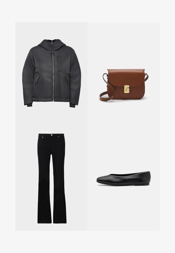 Zwarte geïsoleerde jas met een rits aan de voorkant, afneembare capuchon, zijzakken en een textuurpatch op de borst. Glad, matte afwerking.; Witte korte mouwen t-shirt van ribstof. Ronde halslijn, normale pasvorm en subtiele stiksels. Geen patronen of grafische elementen.; Zwarte flared jeans van denim, met twee voorzakken, een knoopsluiting en een gladde textuur. Kenmerkende stiksels zichtbaar bij de naden.; Paul Smith TOPANGA - Ballerina's - black; Bruine leren handtas met een klep sluiting, gouden hardware, een schouderband en een gladde textuur. Compact rechthoekige vorm.