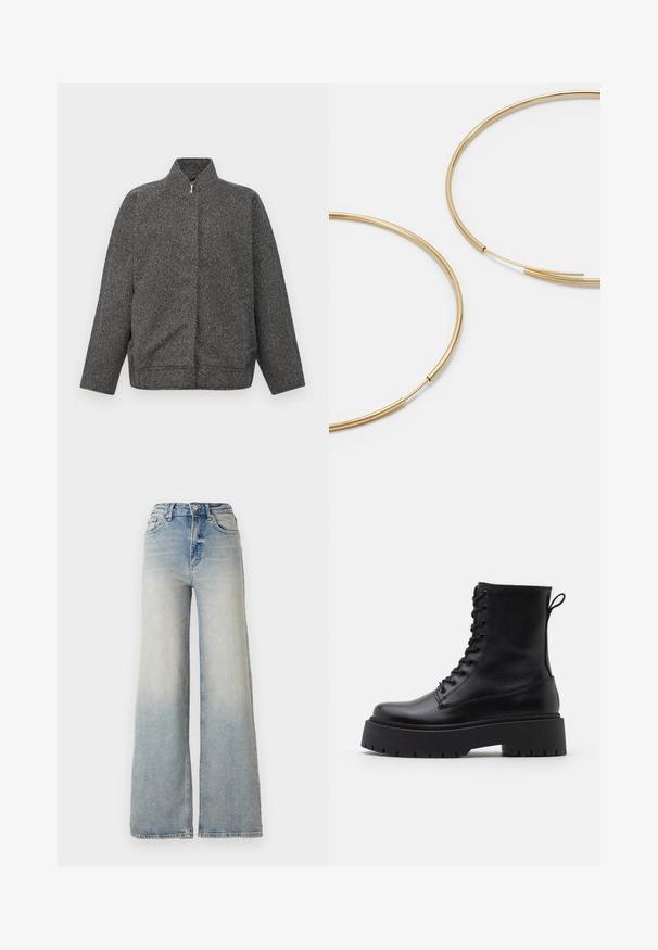 Pelēks zip-aizdare jaka, izgatavota no teksturēta auduma; iekļauj augstu apkakli un brīvu, pārspīlētu piegriezumu. Tīrs dizains bez redzamām rotājumiem.; Vero Moda VMNEWCREAM FUNNELNECK PULLOVER - Džemperis - black/birch; Gai zilu platā kāja džinsi, kas izgatavoti no denima, ar augstu jostasvietu, piecām kabatām un redzamu dūrienu gar šuvēm.; Melni ādas potītēm zābaki ar apļveida purngalu, auklām priekšpusē un biezu gumijas zoli ar teksturētu protektoru. Velkšanas cilpa aizmugurē.; Zelta krāsas auskari gredzena formā, plāni un apaļi, ar gludu metāla apdari un bez rotājumiem vai zīmējumiem.