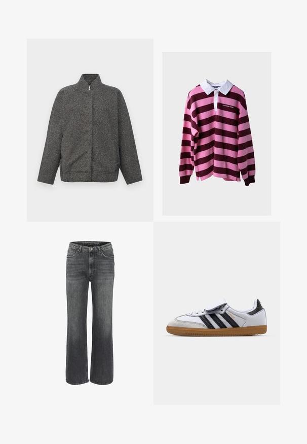 Sivi zip-up jakna izrađena od teksturirane tkanine; ima visoki ovratnik i opušten, oversized kroj. Čist dizajn bez vidljivih ukrasa.; Dugi rukav rugby majica s širokim ružičastim i tamnoljubičastim horizontalnim prugama, bijeli ovratnik i logo "COLOURFUL REBEL" na prsima.; Široke traperice u tamno sivoj boji, s klasičnim pet džepnim dizajnom, prošivima i kopčanjem na dugme u struku.; Bijele kožne tenisice s crnim prugama i sivim detaljima, s okruglim vrhom i gumiranim potplatom. S čičak trakom i vezanjem.