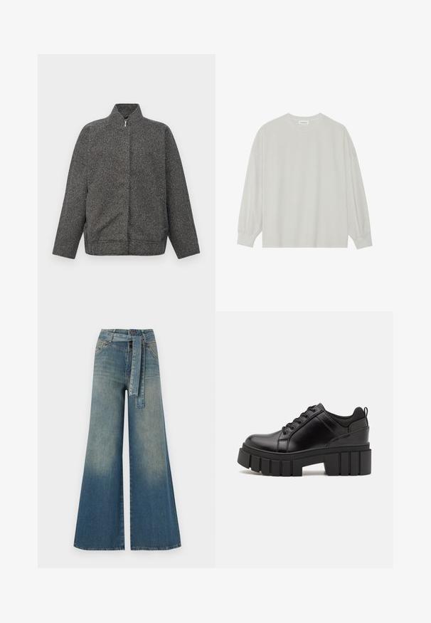 Gray zip-up jacket made from textured fabric; features a high collar and relaxed, oversized fit. Clean design with no visible embellishments.; Light gray long-sleeve t-shirt made of soft cotton. Features a loose fit, round neckline, and gently gathered cuffs. No patterns or graphics.; Wide-leg denim trousers featuring a light to dark blue gradient, high waist, belt loops, and a matching fabric belt. Textured denim finish.; Black leather platform shoes with a chunky block heel, round toe, and traditional lace-up design. Features smooth texture and minimal detailing.