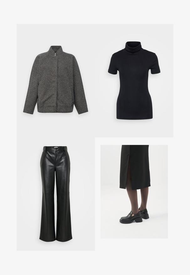 Siva zip-up jakna, narejena iz teksturiranega blaga; ima visok ovratnik in sproščen, oversize kroj. Čista zasnova brez vidnih okrasnih elementov.; Črna rebrasta majica s turtleneck ovratnikom, kratkimi rokavi, prilegnjenim dizajnom, mehkimi vlakni, minimalnimi šivi in visokim ovratnikom.; ONLY Tall ONLSMOOTH WIDE - Hlače - black; Črne usnjene čevlje s zaobljenim prstom, debelim blokastim petama in elastičnimi stranskimi detajli, v kombinaciji s temno nogavicami in črno krilo z razporkom.