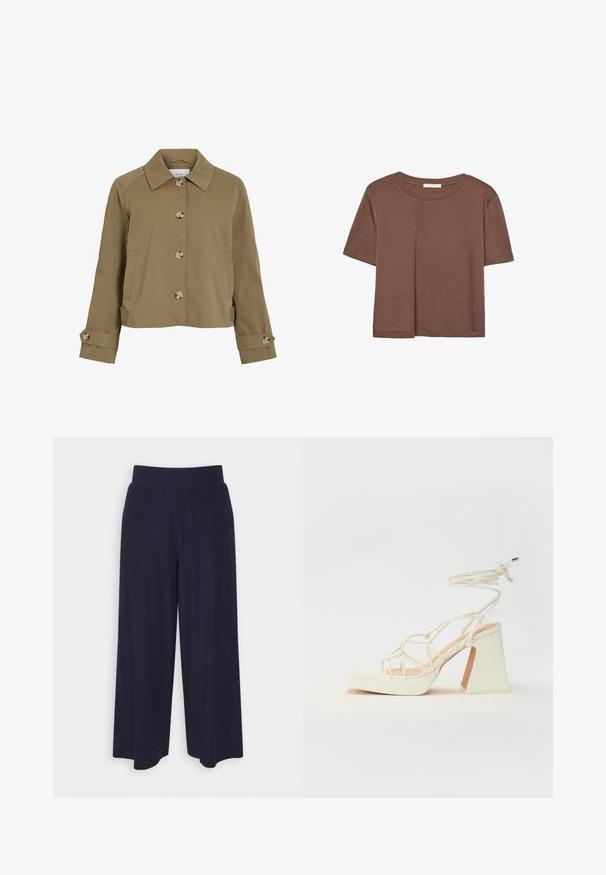Giacca corta khaki con taglio dritto, colletto, sei bottoni, tasche laterali e maniche arrotolate con dettagli a bottoni. Tessuto liscio e leggero.; Maglietta a maniche corte marrone realizzata in tessuto morbido, con scollatura rotonda e vestibilità rilassata. Nessun motivo o dettaglio visibile.; Pantaloni a gamba larga in tessuto navy scuro con una texture a coste. Presentano una vita liscia e una silhouette fluida, che arriva a metà polpaccio.; Sandalo bianco con tacco alto, caratterizzato da un design a cinturini e un legaccio alla caviglia. Texture liscia con una piattaforma frontale per un'altezza aggiuntiva.