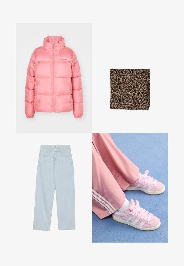Ružová puffer bunda Columbia s plným predným zipsom, vysokým golierom, elastickými manžetami a prešívaním v horizontálnych prúžkoch.; Zelená mikina s rebrovanou textúrou, okrúhlym výstrihom a dlhými rukávmi. Na prednej strane sa nachádza veľký biely nápis: "1% LEPŠÍ NEŽ VČERA."; Svetlomodré široké džínsy vyrobené z denimu, s polovičným pásom, piatimi vreckami a zapínaním na gombík s úzkym kovovým detailom.; Ružové športové topánky so svetlomodrými pruhmi, okrúhlou špičkou a hrubými ružovými šnúrkami, kombinované s ružovými športovými nohavicami so bielymi bočnými pruhmi.; Tkanina s leopardím vzorom v béžovej farbe s čiernymi škvrnami, hladká textura, obdĺžnikový tvar a preložená s hotovými okrajmi.