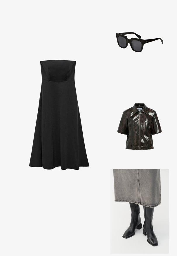 Kort sort slangeprint faux læderjakke med korte ærmer og en frontlynlås. Har en klassisk krave og en blank overflade.; Sort strampegulvsklædning uden stropper med en tætsiddende bodice og en udvidende, gulvlængde nederdel. Lavet af glat stof uden synlige mønstre eller detaljer.; Sorte knæhøje støvler i glat læder med firkantet tå og blokeret hæl. Båret med en grå denimnederdel med flosset kant.; Sorte rektangulære solbriller med tykke plastiskrammer og mørke linser. Bøjlerne er slanke med en blank finish og minimal branding.; Sort læder vævet tote taske med en slasket form og bred skulderrem. Har et tekstureret, sammenflettet design med en glat overflade.
