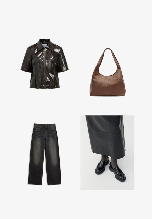 Veste en simili cuir noir à imprimé serpent, courte, avec des manches courtes et une fermeture éclair sur le devant. Présente un col classique et une texture brillante.; Blouse smockée avec un motif à carreaux en noir, blanc et beige. Encolure et poignets à volants, manches longues, coupe courte.; Jeans en denim noir à jambes larges avec une texture délavée, design à cinq poches et coutures contrastées. Dispose d'une fermeture à bouton et de passants de ceinture.; Mocassins en cuir noir avec une finition lisse, ornés d'une bande décorative, à bout rond et avec une semelle texturée. Portés avec une longue jupe en cuir noir.; Sac à main en cuir marron avec une forme douce et arrondie. Doté d'une seule sangle solide et de détails de couture subtils. Texture lisse.