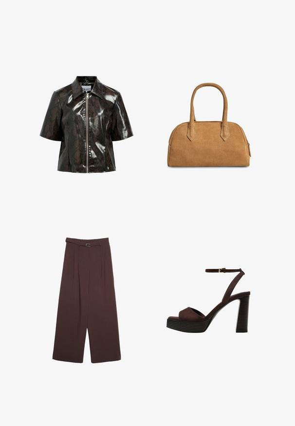 Cropped black snake-print faux leather jacket with short sleeves and a front zipper. Features a classic collar and shiny texture.; Brown cotton t-shirt with short sleeves and a deep V-neck. Simple design, soft texture, and straight hemline. No patterns or accents.; Stradivarius WIDE-LEG WITH BUCKLE DETAIL - Trousers - dark brown; Brown suede high-heeled sandal with an open toe, adjustable ankle strap, and a striped platform sole.; Tan suede handbag with a structured shape, featuring two handled, triangular cutouts, and a zip fastening along the top for closure.