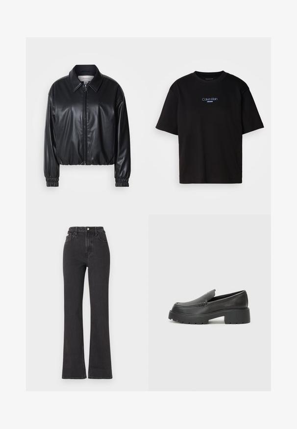 Black cropped jacket in faux leather with a zip front, pointed collar, and elastic cuffs. Features minimal branding on the chest.; Black cotton t-shirt with a round neck, short sleeves, and blue embroidered "Calvin Klein JEANS" logo on the front.; Black high-waisted flared jeans made of denim, featuring a button closure, belt loops, and side pockets. Smooth texture with minimal fading.; Black leather loafers with a rounded toe, thick textured sole, and minimal stitching details. Sleek design with no visible laces or hardware.