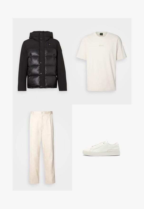 Czarna kurtka puchowa z kapturem, z przodu na zatrzaski oraz mieszanką matowych i błyszczących tekstur. Posiada zasuwaną kieszeń boczną i naszywkę z logo.; BOSS - T-shirt basic; Beżowe bawełniane spodnie o prostym kroju nogawki, z zapięciem na guziki i plisami z przodu dla dodatkowego zdobienia.; Białe skórzane sneakersy z fakturowaną cholewką, okrągłym czubkiem, minimalistycznym designem i gumową podeszwą z przeszyciami.