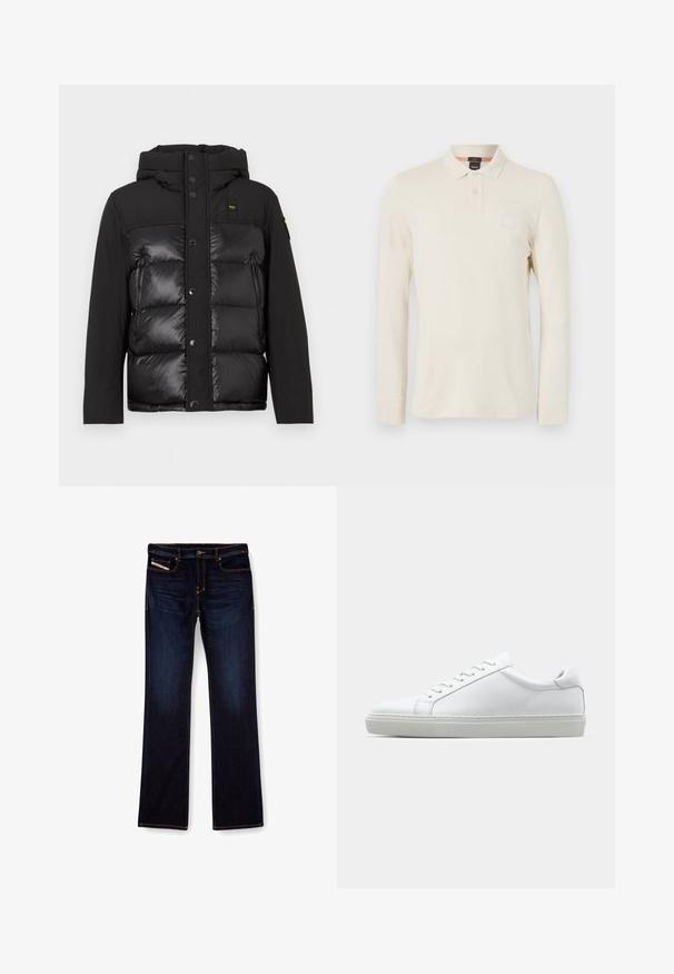 Sort pufferjakke med hætte, frontknapper og en blanding af matte og blanke teksturer. Inkluderer lynlåslomme på siden og logo-patch.; Langærmet polo t-shirt i lys beige, lavet af glat stof, med polo krave, to-knaps placket og et lille logo patch på brystet.; Mørkeblå denim jeans med lige ben, med orange syninger, lynlås og forlommer. Glat tekstur og standard talje.; Hvide sneakers med en glat læderoverdel og lav profil. Har en rund tå, seks snørehuller og en tekstureret gummisål.