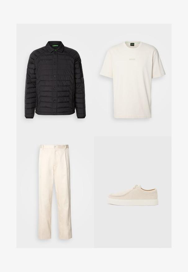 BOSS TARANIS - Lahka jakna - black; BOSS TEE - Navadna majica - open white; Bež cottone hlače s ravnim krojem, ki imajo gumbasto zapiranje in nabore spredaj za dodatne detajle.; Svetlo bež zamšene teniske s zaobljenim nosom, minimalnim šivom in belim gumijastim podplatom. Imajo preprosto zavezovanje s čipkami in detajl z blagovno znamko.