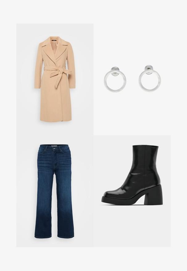 Lauren Ralph Lauren Petite BELTED WOOL-BLEND WRAP COAT - Klasisks mētelis - camel; Balts, pieguļošs tops ar plašu kakla izgriezumu un trīs ceturtdaļu piedurknēm, ar sarullētām aprocēm. Izgatavots no gludas, vieglas auduma.; ONLY Petite ONLMADISON BLUSH WIDE - Džinsi ar platām starām - dark blue denim; Melnas potītes zābaku ar spīdīgu apdari, kvadrātveida pirkstu un biezu bloku papēdi. Dizainā ir bezšuvju siluets un minimāla zīmola identitāte.; Sudraba metāla gredzenveida auskari ar matētu faktūru, ar apaļu dizainu un caurspīdīgu aizdari, lai nodrošinātu drošu valkāšanu.