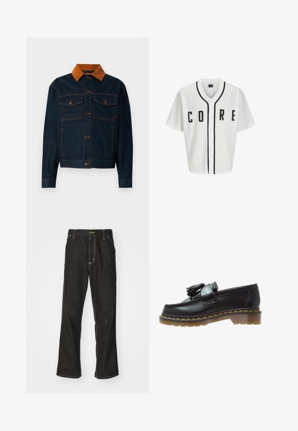 Temno moder jeans jakna s svetlo rjavim žametnim ovratnikom, z gumbastim zapiranjem, dvema žepoma na prsih in kontrastnim šivanjem.; Bela bejzbolska majica s kratkimi rokavi, črni sprednji gumbi in poudarjeno besedilo "CORE" v črni barvi. Ima črne obrobe okrog ovratnika.; Dolga majica iz belega bombaža s kratkimi rokavi in krojnim izrezom, ki ima majhen rumen in bordo logotip na levem prsnem delu. Brezšivne manšete in rob.; Črne jeans hlače ohlapenega kroja, ki imajo kontrastno belo šivanje, zapiranje na gumb in ravno nogavico.; Črne usnjene loafersice z teksturirano površino, ki vsebujejo dekorativno rese in kontrastno rumeno šivanje, na masivnem prozornem podplatu.
