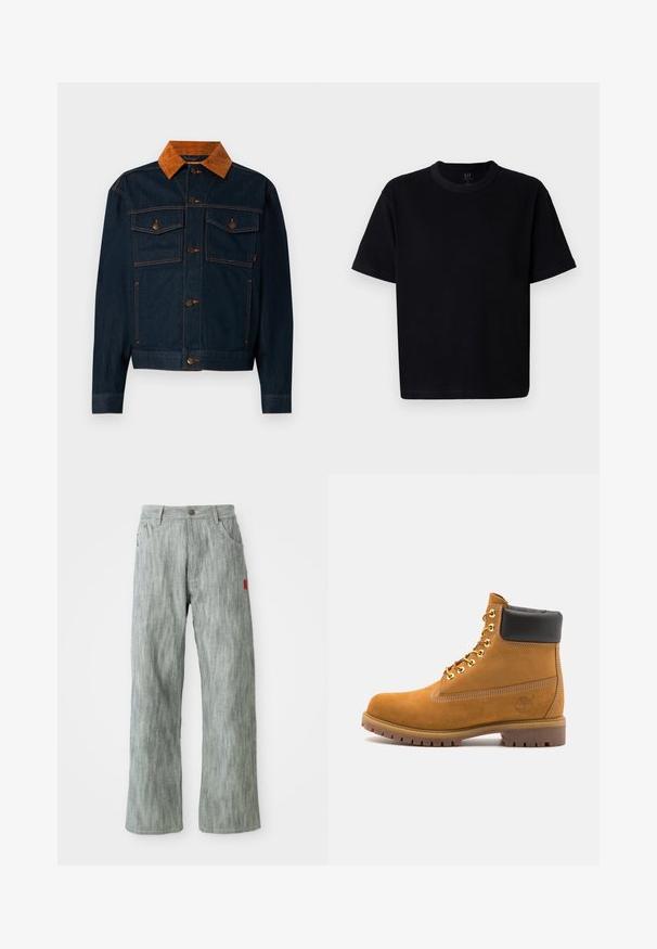 Mørkeblå denimjakke med krage i brunt kordfløyel, med knappeåpninger, to brystlommer og kontrastsøm.; Svart bomulls t-skjorte med rund hals, korte ermer og rett snitt. Har minimal søm og en myk, glatt tekstur.; Lys grå rettskåret denim bukser med front- og baklommer, knappelukking og et lite rødt stoffmerke på høyre side.; Beige semskede ankelstøvel med svart polstret krage, gullmetalløyer, hvite sømdetaljer og robust gummisåle med påfallende mønster.