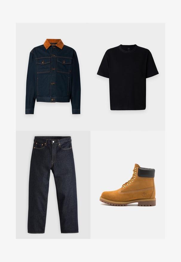 Mørkeblå denimjakke med krage i brunt kordfløyel, med knappeåpninger, to brystlommer og kontrastsøm.; Svart bomulls t-skjorte med rund hals, korte ermer og rett snitt. Har minimal søm og en myk, glatt tekstur.; Mørkeblå denimjeans med rett snitt, fem lommer, kontrasterende oransjefarget søm, og glidelås med knapp. Ingen synlige mønster eller dekorasjoner.; Beige semskede ankelstøvel med svart polstret krage, gullmetalløyer, hvite sømdetaljer og robust gummisåle med påfallende mønster.