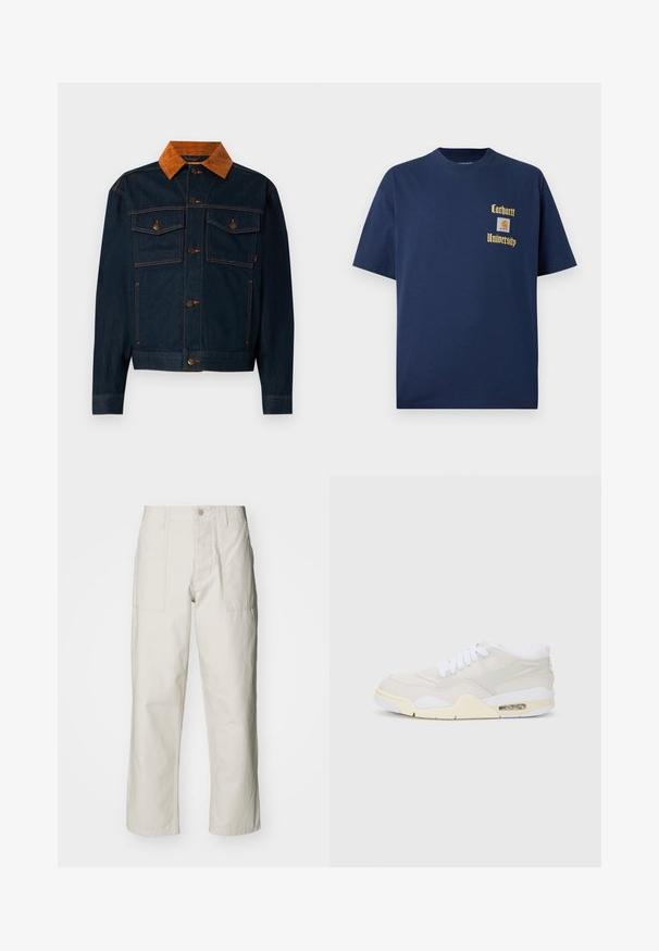 Jaqueta de ganga azul-escura com colarinho de veludo cotelê castanho, apresentando fechos de botão, dois bolsos no peito e costuras contrastantes.; T-shirt de algodão azul-marinho com mangas curtas, apresentando texto dourado "Carhartt University" e um emblema no lado esquerdo do peito.; Calças largas em bege claro, feitas de algodão. Apresentam bolsos frontais e fecho com botão. Textura suave com linhas verticais subtis.; Sapatilhas com um cabedal sintético beije claro, atacadores brancos e amortecimento visível. Apresentam uma sola suave e detalhes discretos nas laterais.