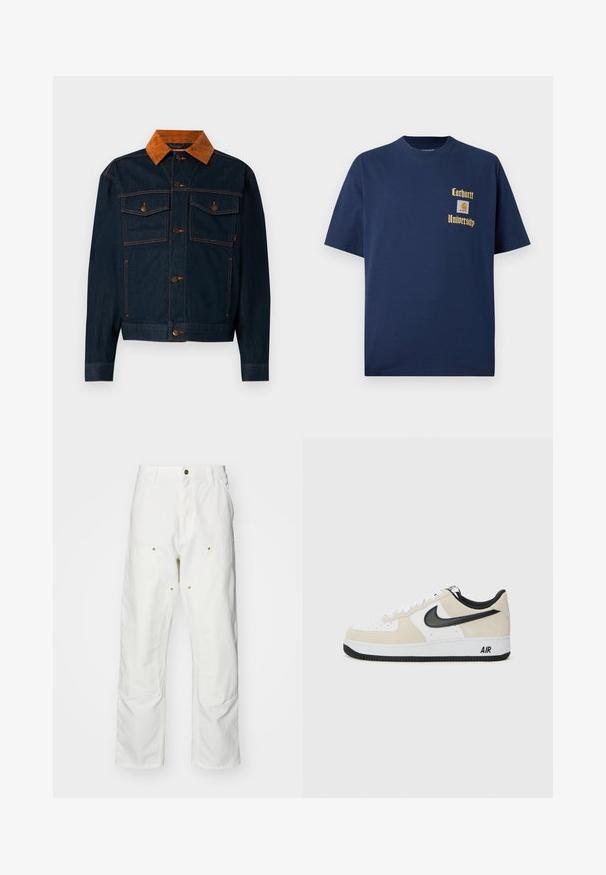 Tamsiai mėlynas džinsinis švarkas su rudais kordūro apykaklėmis, turintis mygtukus, dvi krūtines kišenes ir kontrastingą siuvinėjimą.; Tamsiai mėlyna medvilninė marškinėliai trumpomis rankovėmis, su auksiniu tekstu "Carhartt University" ir logotipo siuviniu kairėje krūtinės pusėje.; Balti medvilniniai kargo džinsai su laisvu siluetu. Ypatybės apima priekines kišenes, auksinius apdailos elementus ir sustiprintas kelio dalis.; Batai sportui su šviesiai rudos suku ir baltos odos viršutinė dalimi, juodom Nike swoosh detalėm, juodais akcentais ir balta gumine padanga su "AIR" ženklu.