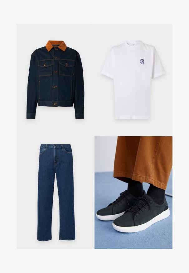 Dark blue denim jacket with a brown corduroy collar, featuring button closures, two chest pockets, and contrast stitching.; White cotton t-shirt with short sleeves, round neckline, and a small, embroidered blue "C" logo on the left chest area.; Dark blue straight-leg denim jeans with front pockets and a button closure, displayed on a plain white background.; Black suede sneakers with white rubber soles, featuring lace-up design, textured accents, and subtle branding, paired with brown pants.