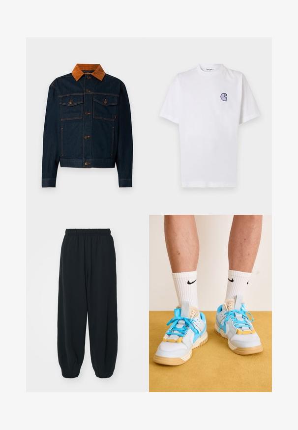Tume sinine denim-jakk pruunist kordvoordist kraega, millel on nööpidega kinnitused, kaks rinna taskut ja kontrastõmblused.; Valge puuvillane t-särk lühikeste varrukatega, ümara kaelusega ja vasakul rinnal väike tikitud sinine "C" logo.; Mustade elastse vöökoha ja laia lõikega dressipüksid, mansetiga sääred, sile tekstuur ning ilma nähtavate mustrite või detailideta.; Heledad sinised spordijalatsid, millel on pruuni värvi tallad, silmapaistvad türksiisid nöörid ja kollased aktsendid. Tekstureeritud materjalid ja nähtav õhukaitse.