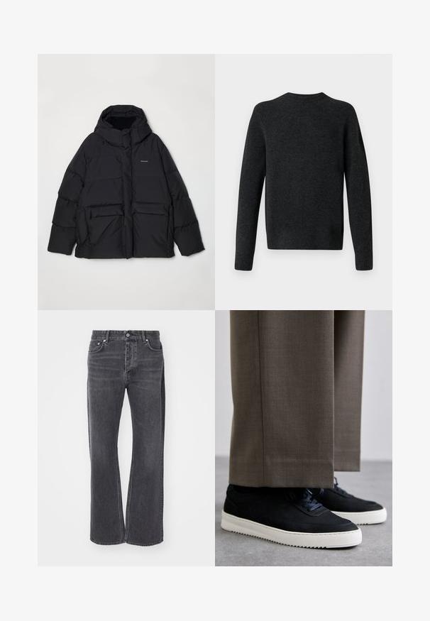 Holzweiler DOVRE JACKET - Dunjakker - grey; Mørkegrå strikket sweater med rund hals, lange ærmer og en glat tekstur. Enkelt design, ingen synlige mønstre eller hardware-detaljer.; Sorte højtaljede jeans med løs, bred ben-design. Lavet af denim, med subtil falmning og for- og baglommer.; Sorte ruskind sneakers med hvide gummisåler, med rund tå og snørebånd, båret med grå skræddersyede bukser.