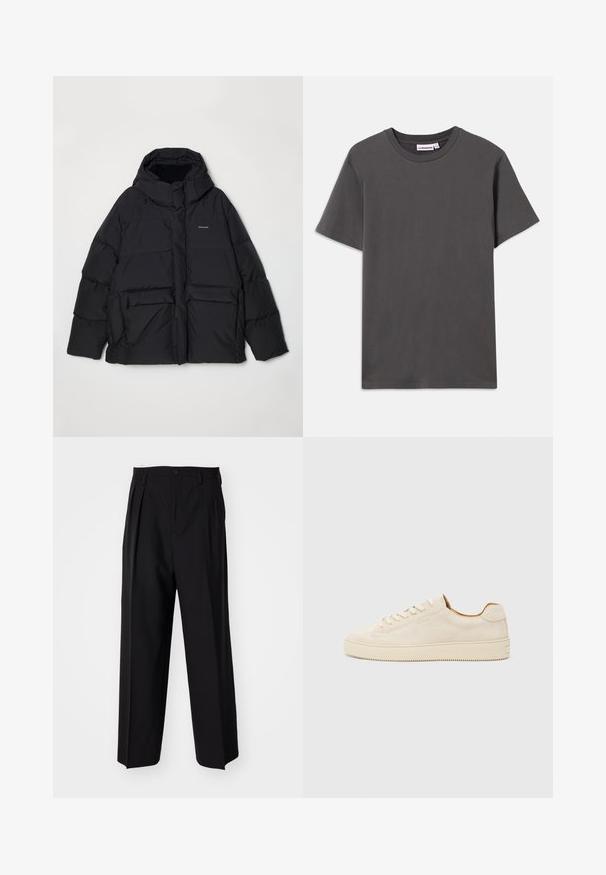 Holzweiler DOVRE JACKET - Dūnu jaka - grey; Vienkārša tumši pelēka īsām piedurknēm T-krekla ar apaļu kaklu, ar mazu baltu zīmola etiķeti iekšpusē apkaklē uz baltā fona.; Melnas plisētās bikses ar taisnu, plata kāja dizainu. Izgatavotas no gludas auduma, ar pogu aizdari un jostas cilpiņām.; Bežīgas zamša kedas ar zemu augstumu, apaļu purngalu, plakaniem šņorēm un teksturētu gumijas zoli. Minimālistisks stils bez redzamām logo.