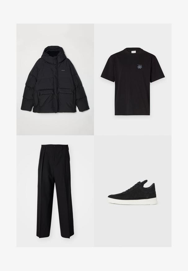 Holzweiler DOVRE JACKET - Pūkinė striukė - grey; Juodas medvilninis marškinėliai su apvalia kaklo iškirpte ir trumpomis rankovėmis. Yra mažas mėlynas logotipas ant kairiojo krūtinės. Paprastas, tiesus kirpimas.; Juodi klostuoti kelnių, su tiesiu, plačiu kojų dizainu. Pagaminti iš lygios medžiagos, su mygtukų uždarymu ir diržo kilputėmis.; Juodų suede sportbačių su balta gumine padu, su toniniais siuvinėjimais ir raištelių užsegimu. Sklandus paviršius su šiuolaikine, laiko forma.